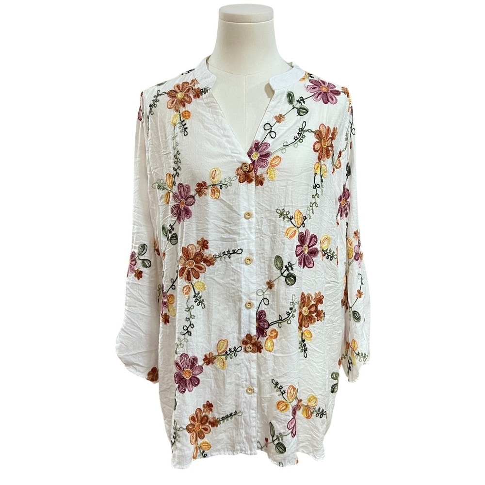 Embroidered Floral Boho Blouse White Crinkle Button Up Plus Size 2X